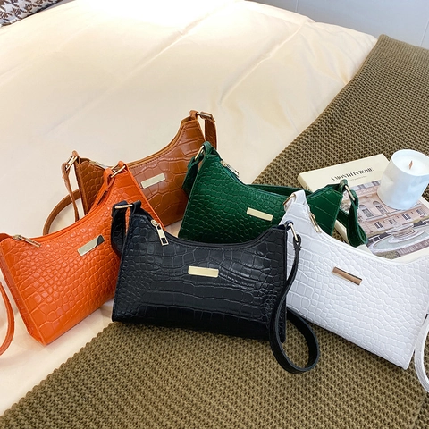 Sac sous le Bras en Cuir PU pour Femmes Motif Crocodile Rétro Mode Décor en Métal Doré Sac à Épaule Main Décontracté