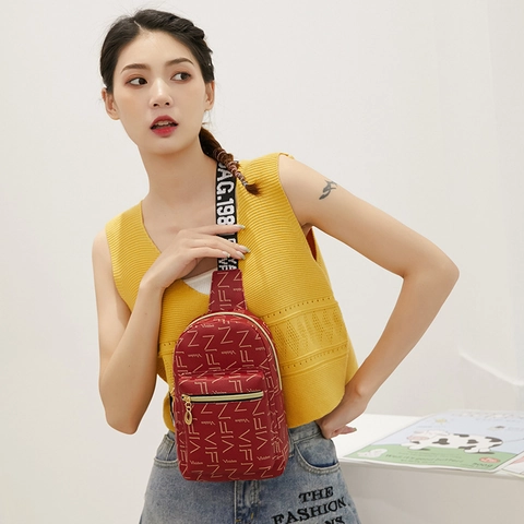 Fashion Women PU Leather Chest Bag Monogram Printed Crossbody Bag With Wide Letter Shoulder Strap Casual Travel Waist Bag