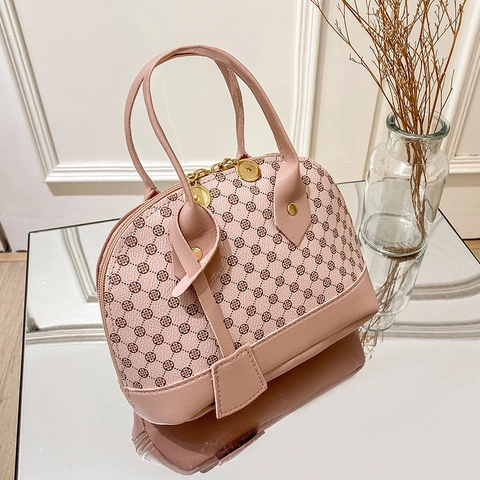 Vintage Geometric Print Shell Shoulder Bag Women Small Chain Crossbody Bag Faux Leather Contrast Color Shell Handbag