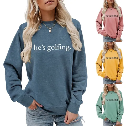 Sweatshirt Femme Mélange Coton Manches Longues Col Rond He's Golfing Imprimé Lettres Pull Décontracté Automne Hiver
