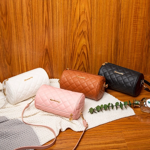 Borsa A Tracolla Cilindrica Trapuntata In Pelle PU Motivo A Rombi Borsa A Croce Con Tracolla Regolabile Da Donna Moda