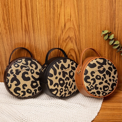 Ronde Schoudertas Met Luipaardprint Voor Dames Van Canvas En PU Leer Patchwork Crossbody Tas Mini Handtas Met Verstelbare Riem Voor Dagelijks Gebruik