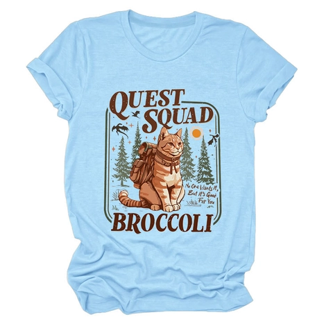 Camiseta de Mujer Vintage Quest Squad con Estampado de Gato Casual Cuello Redondo Manga Corta Mezcla de Algodón Verano Suelto