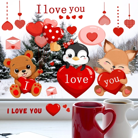 Valentine's Day Cartoon Animal Bear Heart Window Stickers PVC Static Cling Red Decals For Glass Surface Decoration