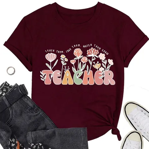 Camiseta de Mezcla de Algodón Casual para Mujer Teach Them Love Them Grow Estampado Floral Cuello Redondo Manga Corta