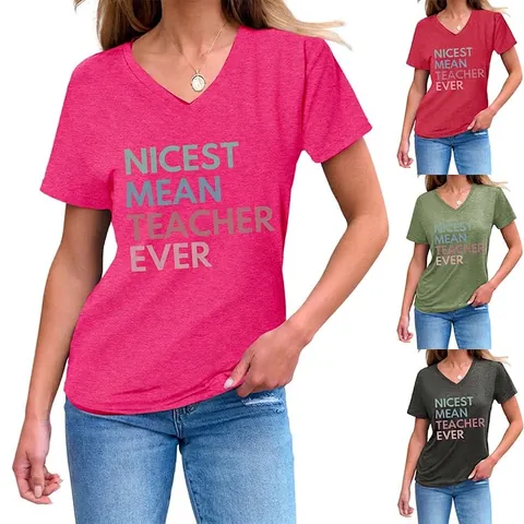 Women V Neck T Shirt Short Sleeve Cotton Polyester Blend Slogan Print Casual Graphic Tee For Teachers