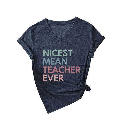 Women V Neck T Shirt Short Sleeve Cotton Polyester Blend Slogan Print Casual Graphic Tee For Teachers