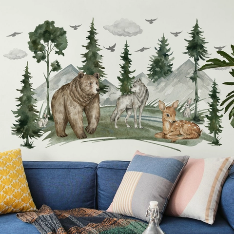 Forest Animal Wall Stickers PVC Watercolor Realistic Bear Deer Mountain Decals For Kids Nursery Bedroom Nature Style