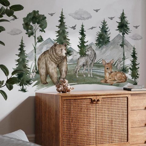 Forest Animal Wall Stickers PVC Watercolor Realistic Bear Deer Mountain Decals For Kids Nursery Bedroom Nature Style