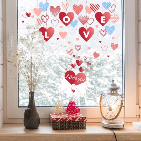 Valentine Day Heart Window Stickers PVC Static Cling Romantic Love Letter Decals For Glass Door Home Decoration