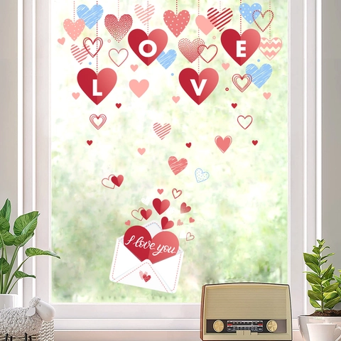 Valentine Day Heart Window Stickers PVC Static Cling Romantic Love Letter Decals For Glass Door Home Decoration