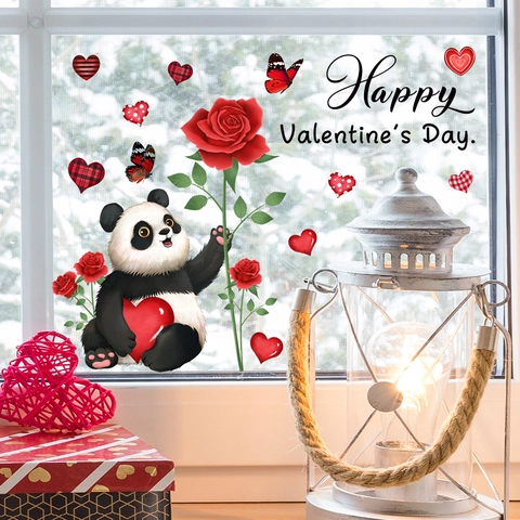 Pegatinas Ventana San Valentín Dibujos Animados Panda Rosa Roja Corazones Calcomanías Estáticas Decoración Vidrio Hogar