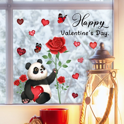 Pegatinas Ventana San Valentín Dibujos Animados Panda Rosa Roja Corazones Calcomanías Estáticas Decoración Vidrio Hogar
