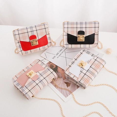 Damen Kariert Umhängetasche Patchwork PU Leder Kleine Quadratische Tasche Mit Goldener Kette Metallschloss Messenger Bag