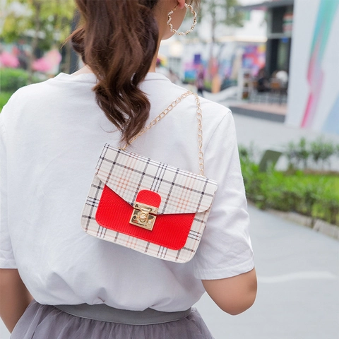 Damen Kariert Umhängetasche Patchwork PU Leder Kleine Quadratische Tasche Mit Goldener Kette Metallschloss Messenger Bag