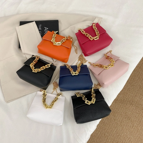 Shoulder Bag Women PU Leather Lychee Grain Chunky Gold Chain Handle Fashion Crossbody Handbag Magnetic Buckle