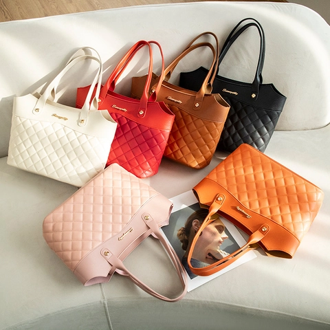 Bolso Tote de Mujer en Cuero PU Acolchado Gran Capacidad Bolso de Mano Moda Logo Metal Dorado Cremallera Bolso de Hombro