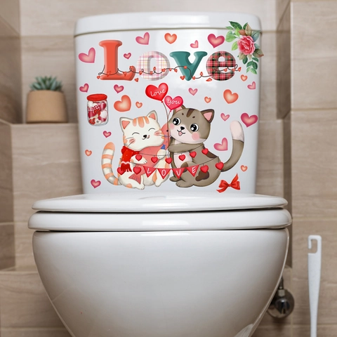 Adesivo Per WC Gatto Cartone Animato Cuore Amore San Valentino PVC Impermeabile Decalcomania Bagno Decorazione Rosa Romantica