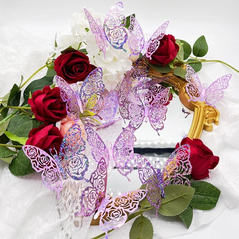 3D Hollow Laser Cut Glitter Butterfly Wall Stickers Romantic Rose Heart Pattern PET Decals For Valentine Wedding Home Decor