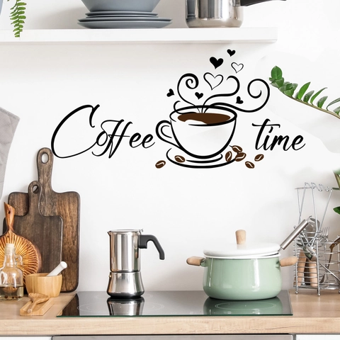 Coffee Time Künstlerische Beschriftung Wandsticker PVC Schwarz Kaffeetasse Muster DIY Wandtattoo Für Küche Café Deko