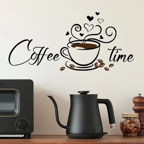 Coffee Time Künstlerische Beschriftung Wandsticker PVC Schwarz Kaffeetasse Muster DIY Wandtattoo Für Küche Café Deko