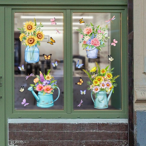 Watercolor Flower Vase And Butterfly Window Stickers PVC Removable Botanical Floral Wall Decals For Glass Decoration