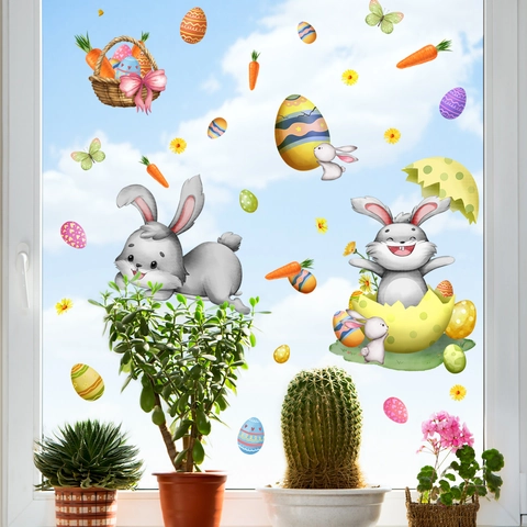 Easter Window Stickers Cartoon Rabbit Colorful Eggs Static Cling PVC Decals For Glass Holiday Home Decoration