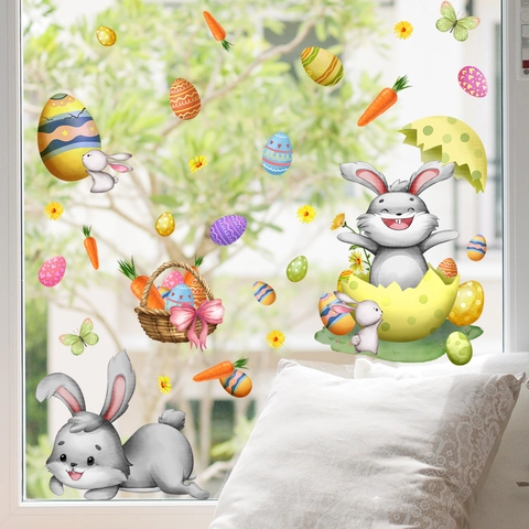 Easter Window Stickers Cartoon Rabbit Colorful Eggs Static Cling PVC Decals For Glass Holiday Home Decoration