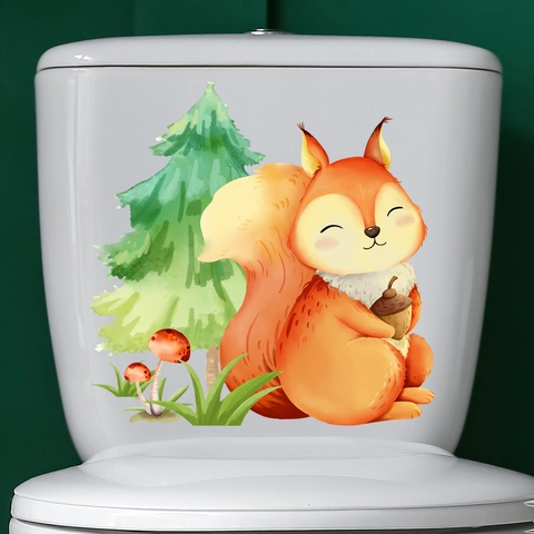 Autocollant de Toilettes Aquarelle Dessin Animé Écureuil Lapin Champignon Imperméable PVC Animal Forêt Salle de Bains Décalcomanie Murale Auto-adhésif