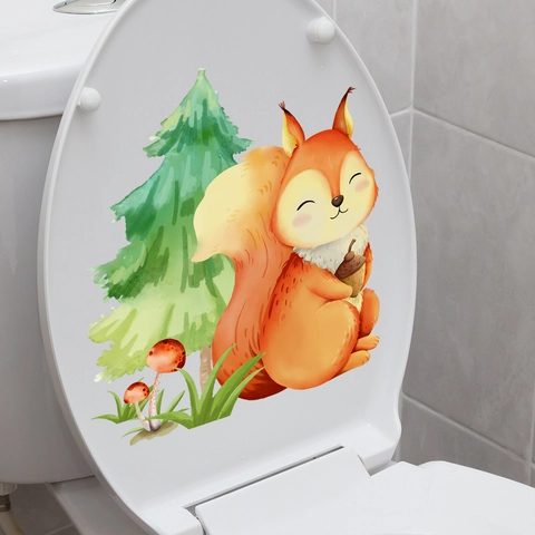 Autocollant de Toilettes Aquarelle Dessin Animé Écureuil Lapin Champignon Imperméable PVC Animal Forêt Salle de Bains Décalcomanie Murale Auto-adhésif