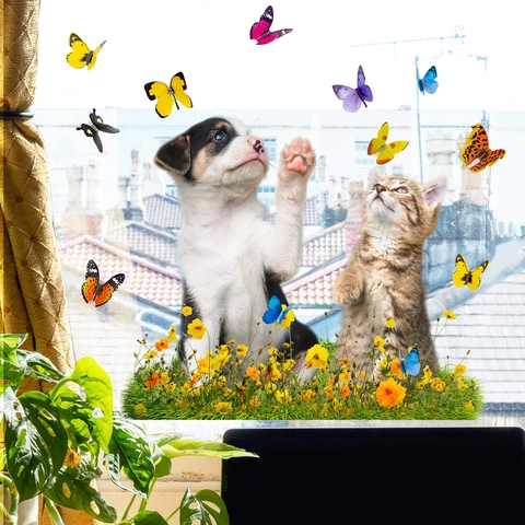 Cute Cat Dog Butterfly Static Window Clings PVC Decorative Stickers For Glass Window Living Room Bedroom Home Decoration