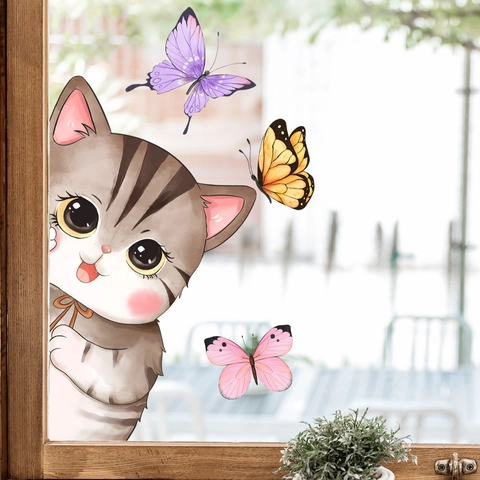 Süße Cartoon Katze Schmetterling Statische Fensteraufkleber PVC Glasaufkleber Für Wohnzimmer Schlafzimmer Küche Haus Dekoration