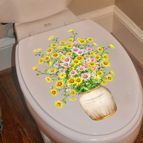 Yellow Daisy Flower Vase Toilet Sticker Waterproof PVC Removable Wall Decal For Bathroom Restroom Home Decor Fresh Floral Sticker