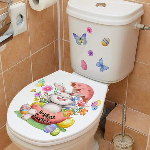 Autocollant de Toilette Joyeuses Pâques Lapin Fleurs Papillon Imperméable Auto-adhésif PVC Décoration de Salle de Bain