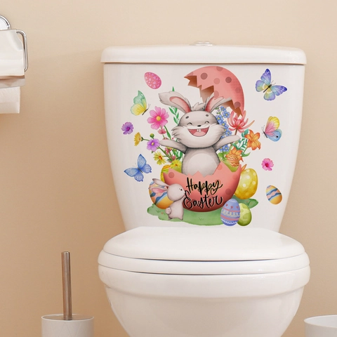 Autocollant de Toilette Joyeuses Pâques Lapin Fleurs Papillon Imperméable Auto-adhésif PVC Décoration de Salle de Bain