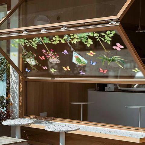 Hanging Plant Vines Flower Baskets Butterflies Wall Stickers PVC Waterproof Removable Window Decals Home Glass Decoration
