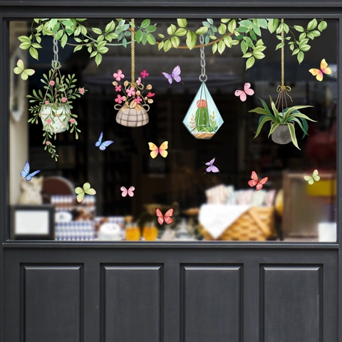Hanging Plant Vines Flower Baskets Butterflies Wall Stickers PVC Waterproof Removable Window Decals Home Glass Decoration
