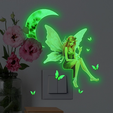 Glow In The Dark Wall Sticker Elf Girl Moon Butterfly Luminous Switch Decal For Kids Room Home Decor PVC DIY Wall Art