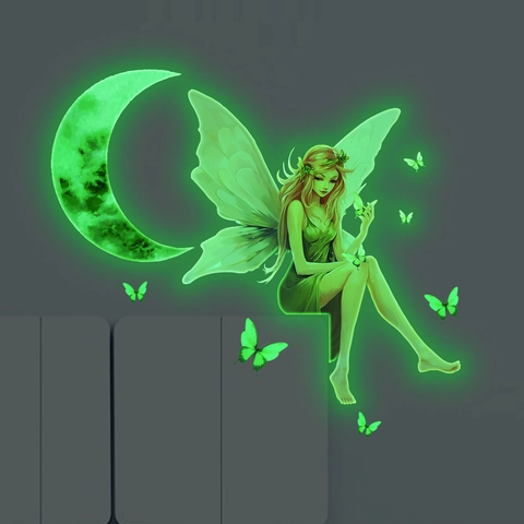 Glow In The Dark Wall Sticker Elf Girl Moon Butterfly Luminous Switch Decal For Kids Room Home Decor PVC DIY Wall Art