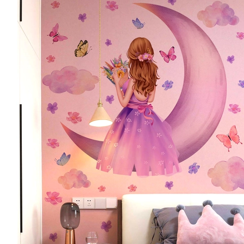 Dreamy Moon Girl Butterfly Flower Wall Stickers PVC Removable Self-Adhesive Wallpaper For Kids Room Bedroom Decor