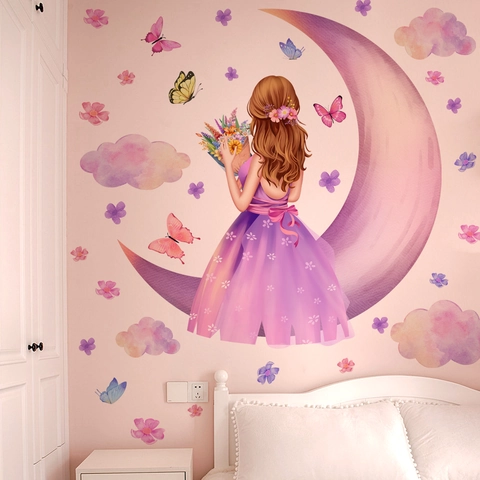 Dreamy Moon Girl Butterfly Flower Wall Stickers PVC Removable Self-Adhesive Wallpaper For Kids Room Bedroom Decor