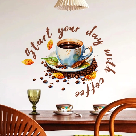 Modern PVC Coffee Cup Wall Sticker Start Your Day English Letter Decal For Kitchen Cafe Dining Room Minimalist Home Decor