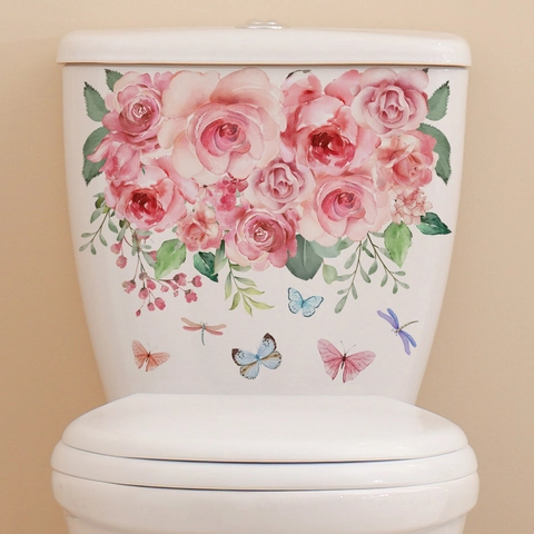 Watercolor Pink Rose Flower Butterfly Dragonfly Toilet Sticker Waterproof PVC Self Adhesive Bathroom Wall Art Home Decoration