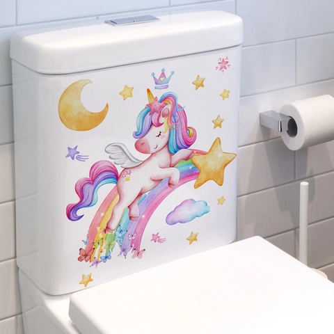 Aquarell Cartoon Einhorn Regenbogen Sterne Mond Toilettenaufkleber Wasserdicht PVC Selbstklebend Wandtattoo Für Badezimmer Deko