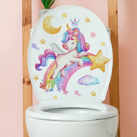 Aquarell Cartoon Einhorn Regenbogen Sterne Mond Toilettenaufkleber Wasserdicht PVC Selbstklebend Wandtattoo Für Badezimmer Deko