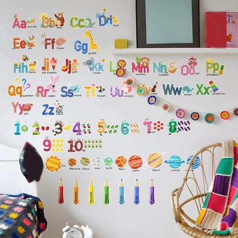 Stickers Muraux Alphabet Nombres Animaux Planètes PVC Autocollant Mural Éducatif pour Chambre d'Enfant Décor Crèche