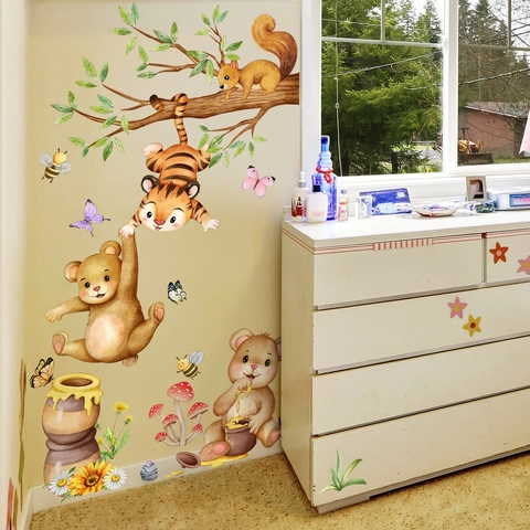 Autocollants Muraux Animaux De La Forêt Dessin Animé PVC Aquarelle Tigre Ours Écureuil Pour Chambre D'enfant Auto-adhésif