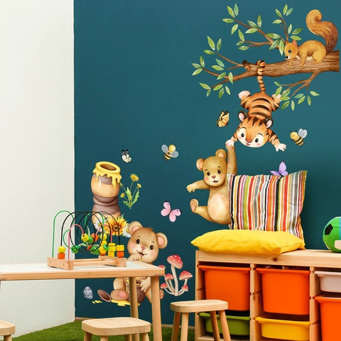 Autocollants Muraux Animaux De La Forêt Dessin Animé PVC Aquarelle Tigre Ours Écureuil Pour Chambre D'enfant Auto-adhésif