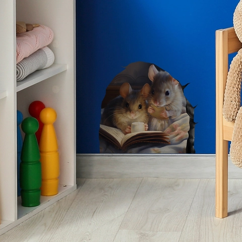 3D Mouse Hole Wall Sticker PVC Cartoon Mouse Reading Book Pattern Realistic Animal Decal For Skirting Line Kids Room Decor