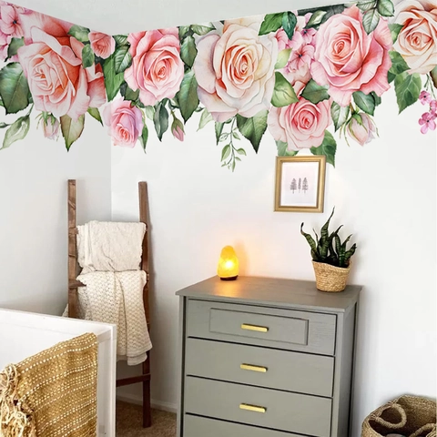Pink Rose Flower Wall Stickers PVC Self Adhesive Watercolor Decals For Bedroom Living Room Nursery Warm Home Decor
